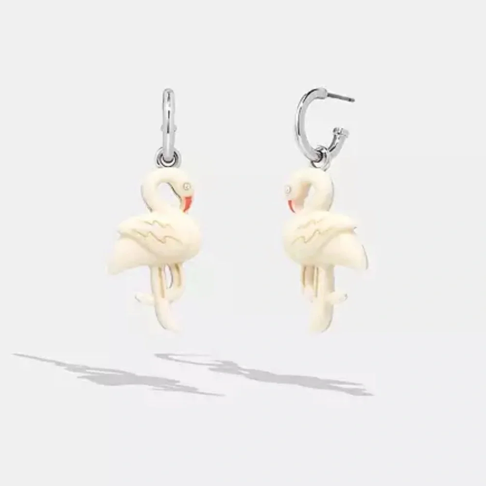 Coach Silver & White crystal studded Flamingo Huggie Earrings‎ new